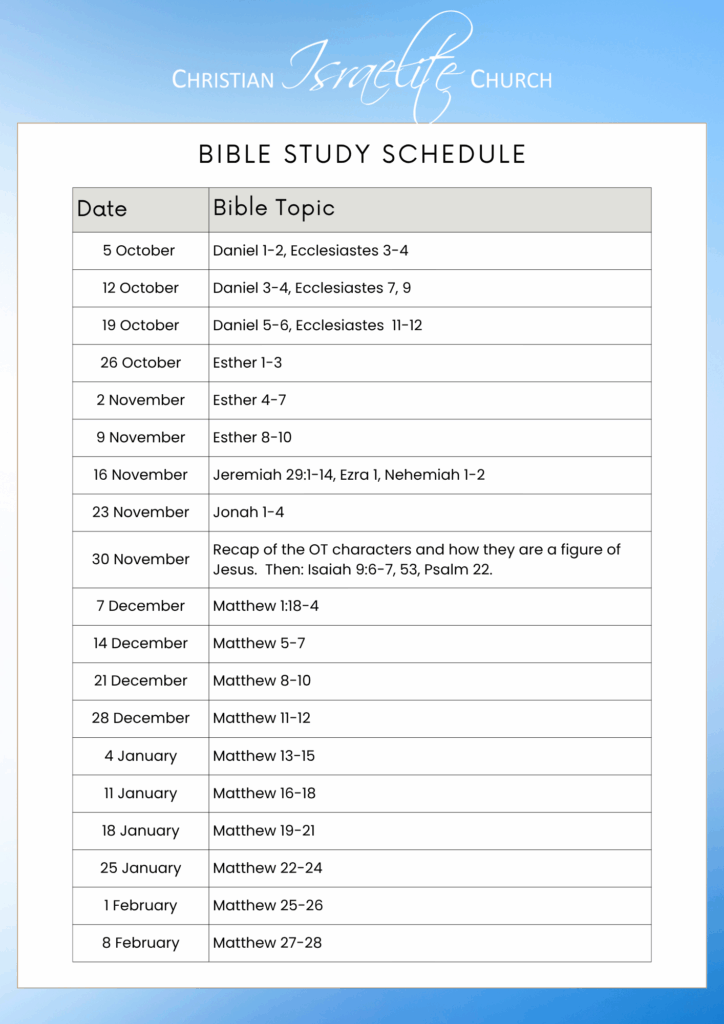 Christian Israelite Church Melbourne Bible Studye Schedule October 2025 to February 2026